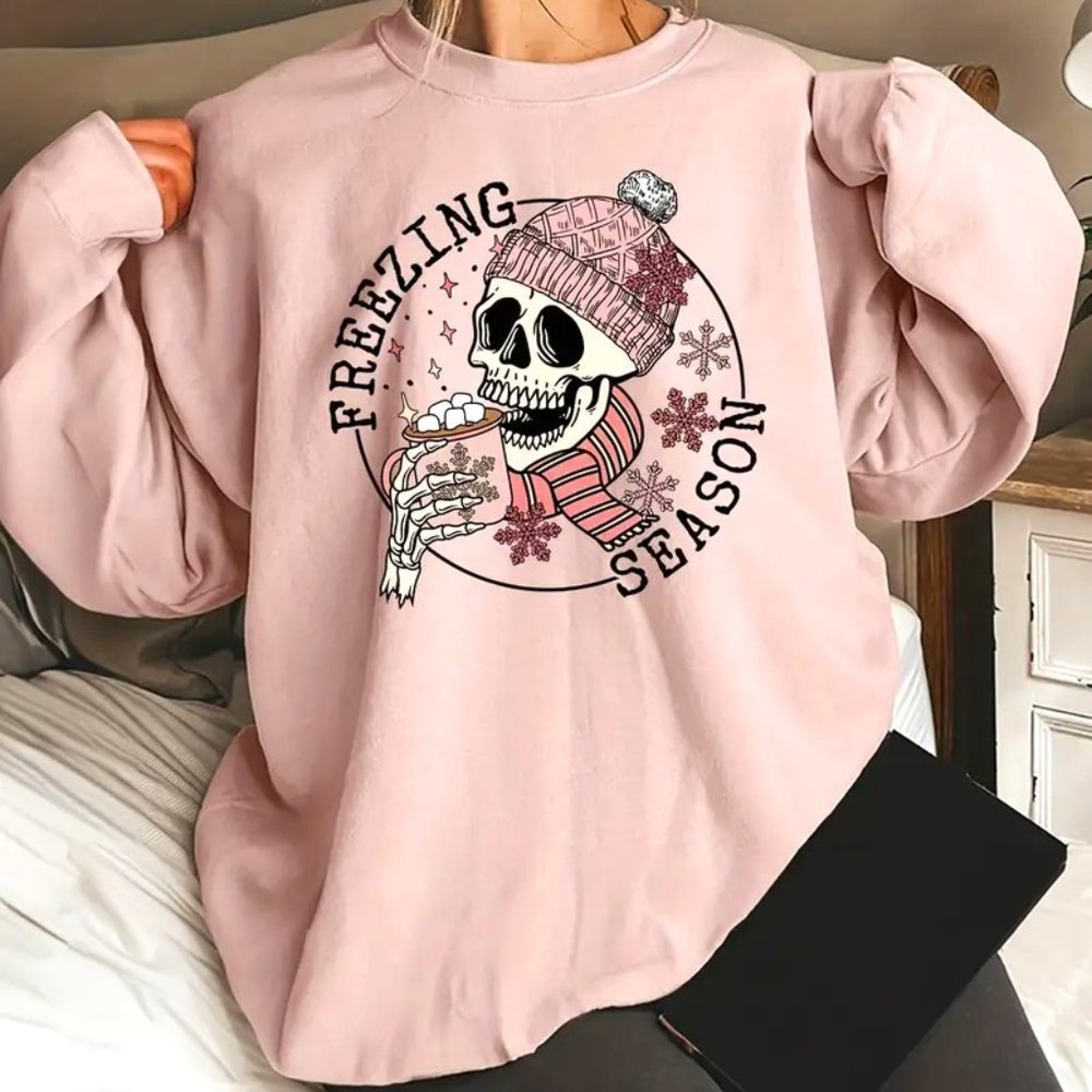 {NEW} Christmas Skull & Snowflake Print Sweatshirt Pink Small